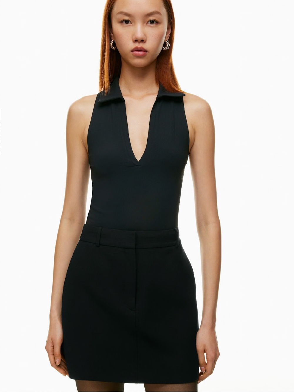 Aritzia Babaton Contour Polo Tank Black Sleeveless V-Neck Top Small - Picture 2 of 8